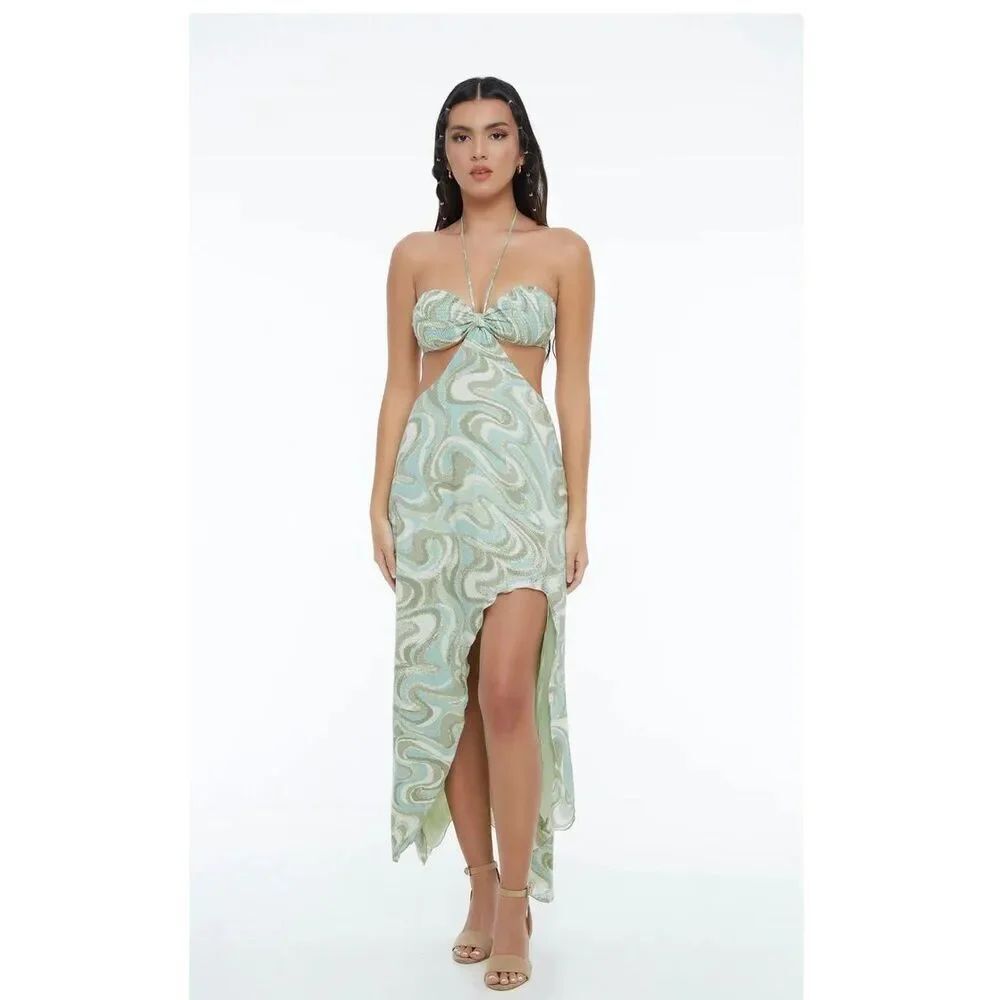 INDAH NWT Misha Bandeau Maxi Dress In Imagine Green Event Resort Avant Garde M/L